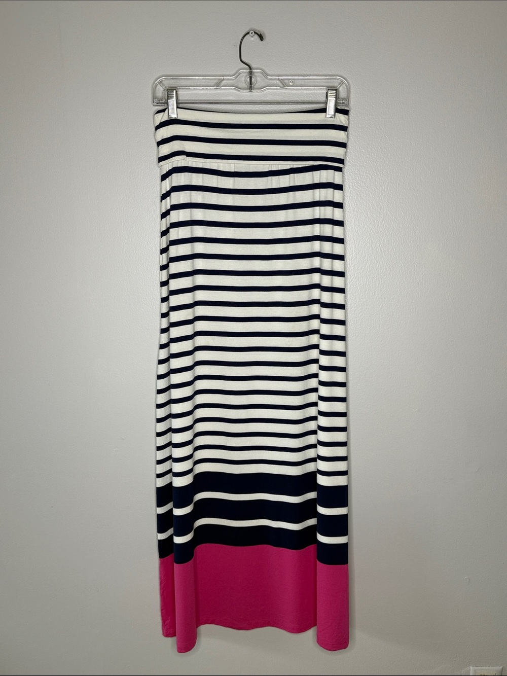 Cynthia Rowley Navy & White Striped Maxi Skirt with Pink Hem Size Medium